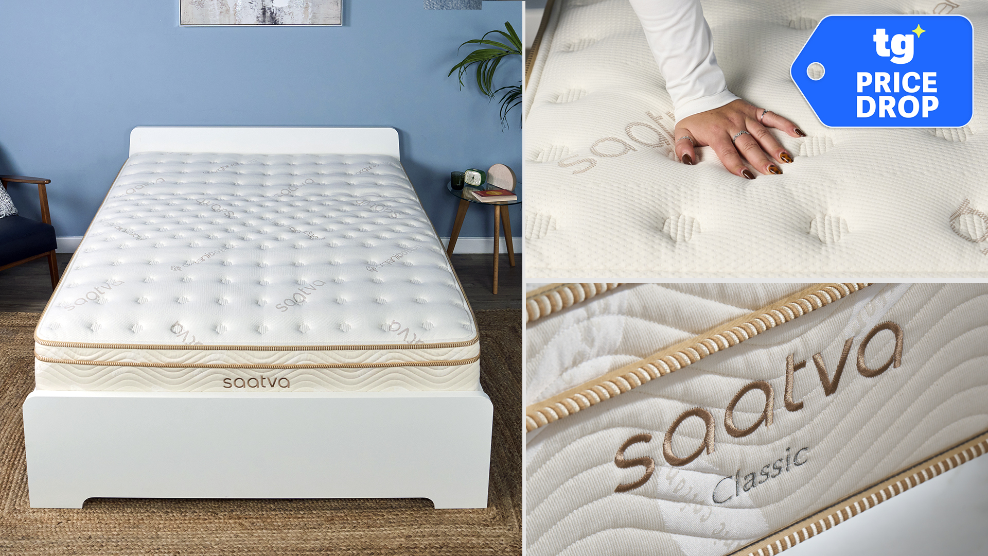 A collage of images of the Saatva Classic in our Sleep Lab: On the left, the Saatva Classic mattress ona bed frame from above. Top right: a hand presses into the surface of the Saatva Classic mattress. Bottom right, a close up of the Saatva Classic mattress logo. A Tom's Guide price drop deals badge is in the top left corner