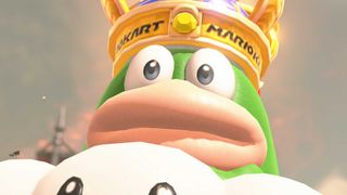 Spike closely staring at the camera in a Mario Kart World screenshot.