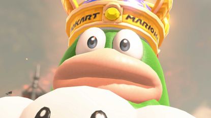 Spike closely staring at the camera in a Mario Kart World screenshot.