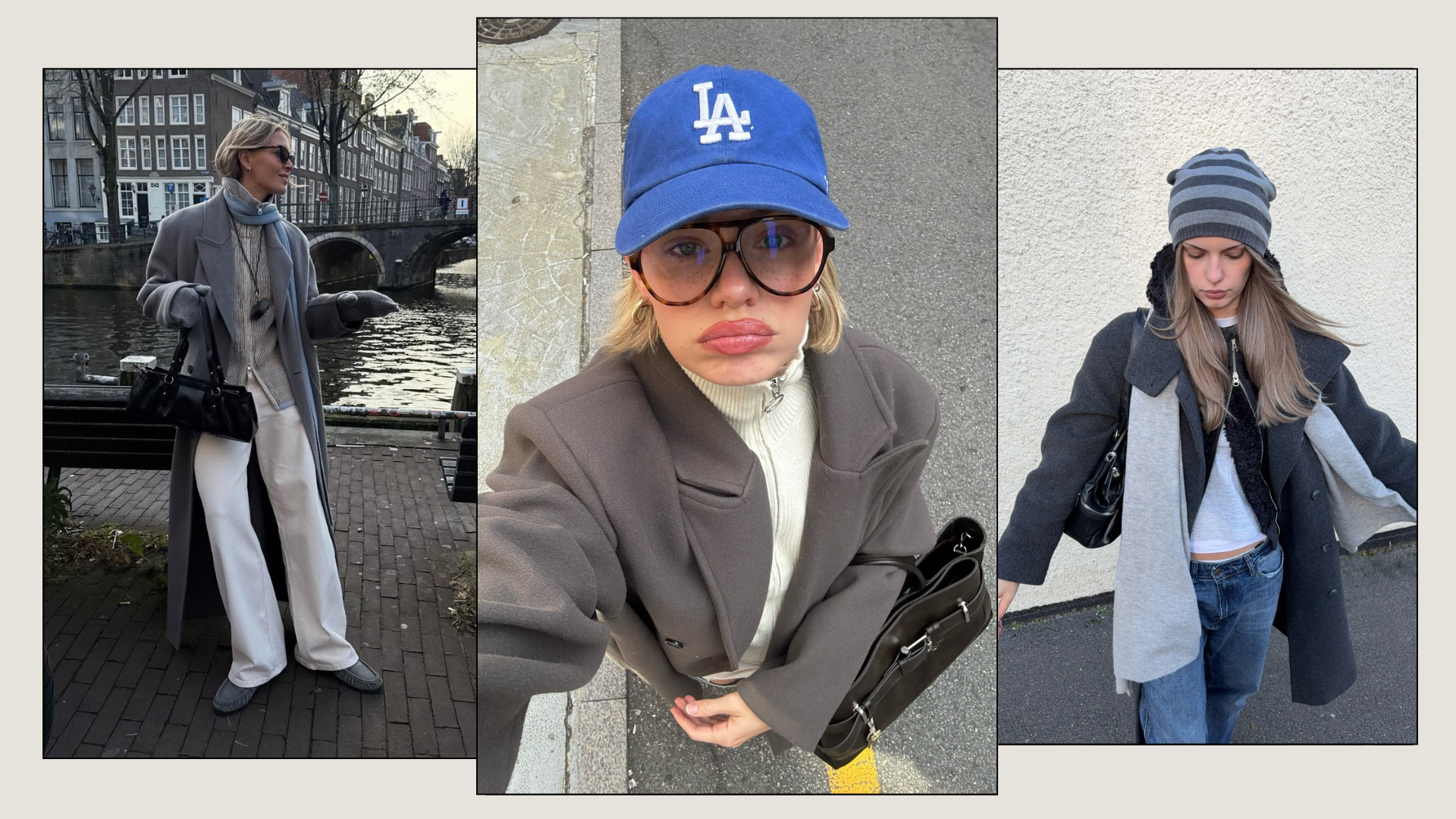 Three fashion people wear the zip up funnel neck jacket trend. 