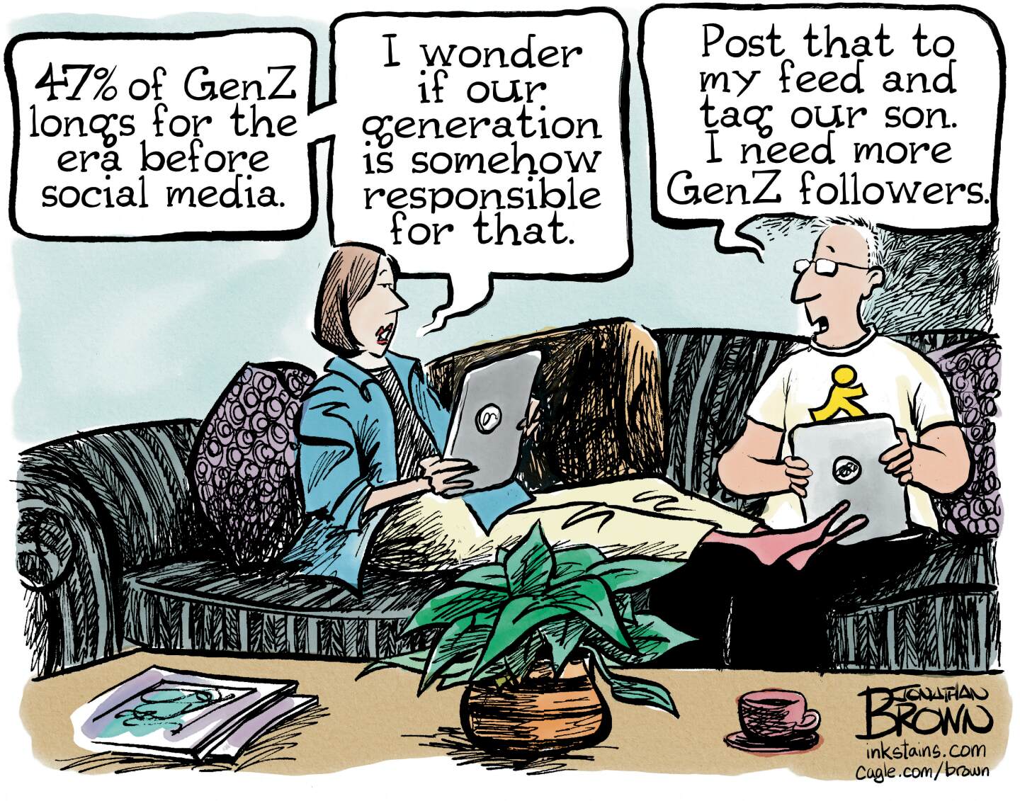 A woman and a man are on the couch reading from tables. The woman says, &amp;ldquo;47% of Gen Z longs for the era before social media. I wonder if our generation is somehow responsible for that.&amp;rdquo; The man responds, &amp;ldquo;Post that to my feed and tag our son. I need more Gen Z followers.&amp;rdquo;