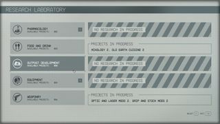 A screenshot of the Research Lab interface in Starfield, showing the different research categories and current research in progress.