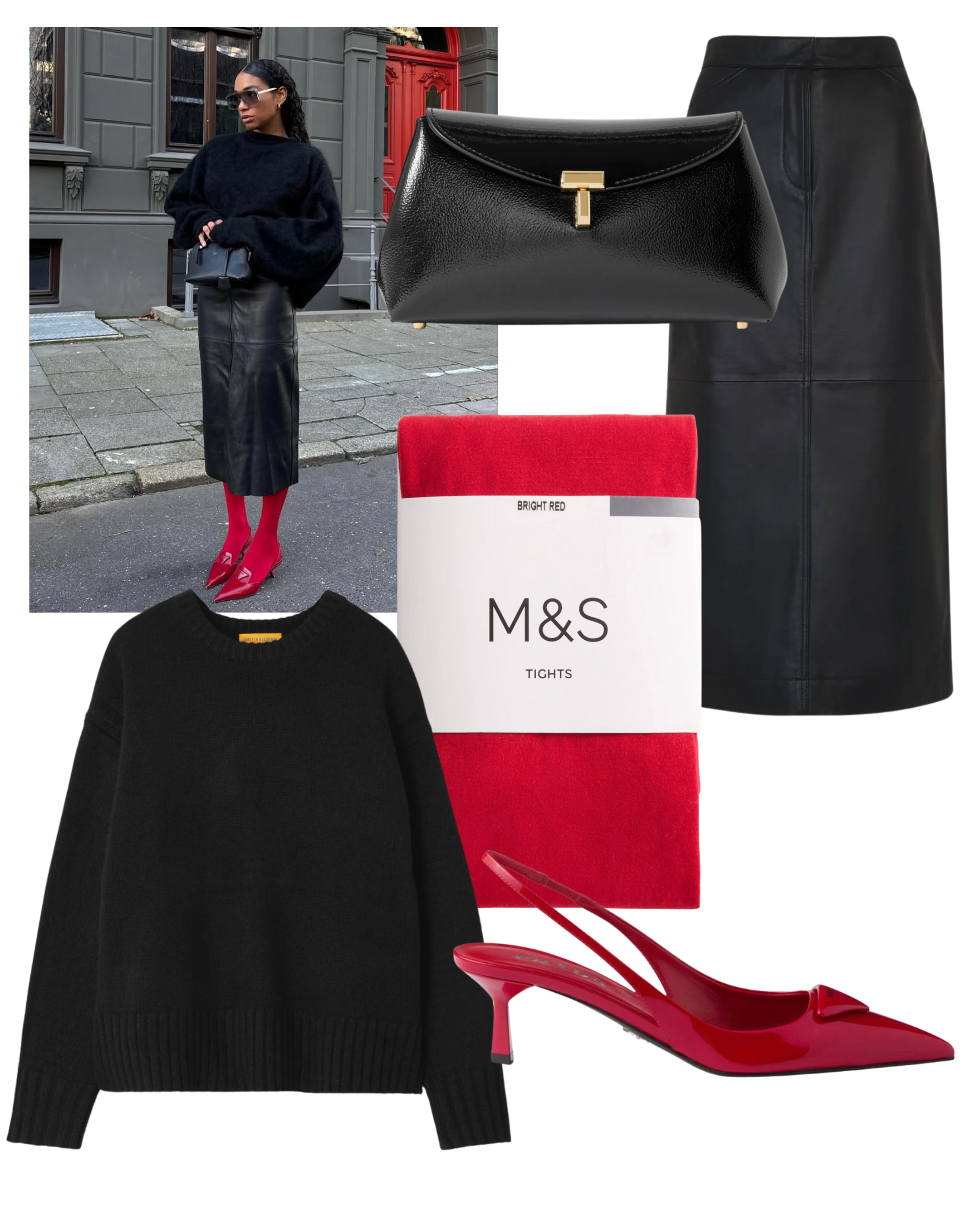 @cherifaakili wears black pencil skirt red tights