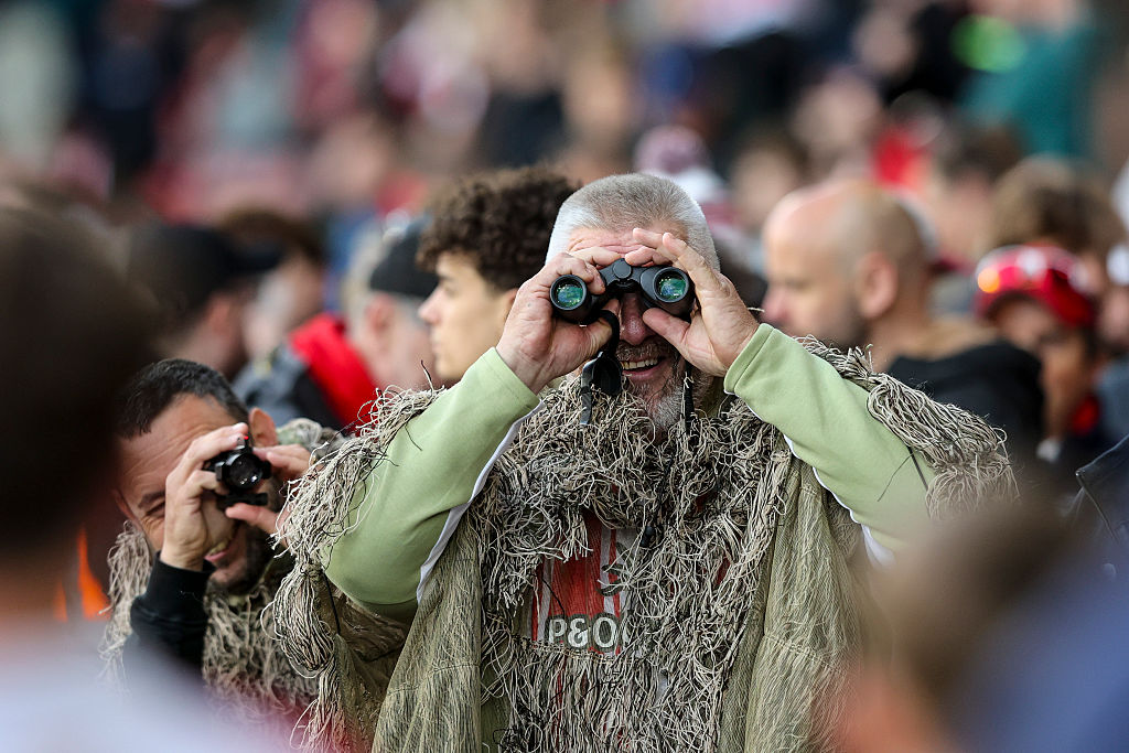 SOUTHAMPTON, ENGLAND - MAY 12: Mocking Southampton fans in camouflage ghillie suits after their side was accused of spying on a Middlesbrough training session before the Sky Bet Championship Play Off Semi Final Second Leg match between Southampton and Middlesbrough at St Mary&amp;amp;apos;s Stadium on May 12, 2026 in Southampton, England. (Photo by Robin Jones/Getty Images)