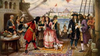 A painting of Captain Kidd welcoming a woman onto his ship in New York Harbor by Jean Leone Gerome Ferris.
