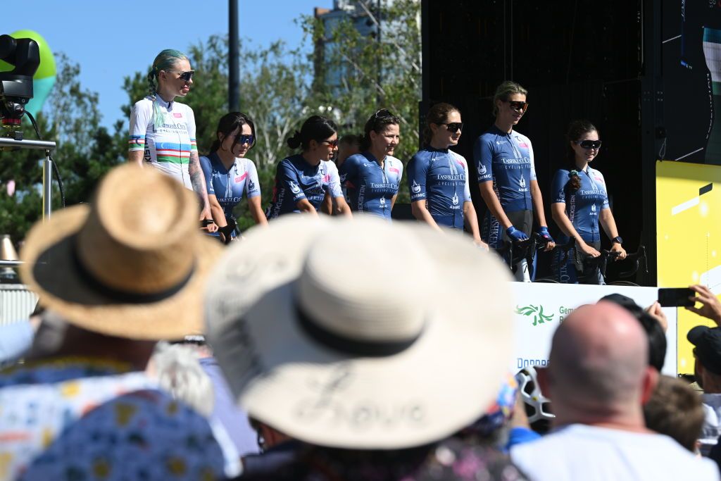 ROTTERDAM NETHERLANDS AUGUST 12 A general view of Yanina Kuskova of Uzbekistan Mohinabonu Elmurodova of Uzbekistan Madina Kakhorova of Uzbekistan Nafosat Kozieva of Uzbekistan Ekaterina Knebeleva of Uzbekistan Margarita Misyurina of Uzbekistan Asal Rizaeva of Uzbekistan and Tashkent City Women Professional Cycling Team prior to the 3rd Tour de France Femmes 2024 Stage 1 a 123km stage from Rotterdam to The Hague UCIWWT on August 12 2024 in Rotterdam Netherlands Photo by Dario BelingheriGetty Images