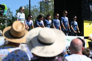 ROTTERDAM NETHERLANDS AUGUST 12 A general view of Yanina Kuskova of Uzbekistan Mohinabonu Elmurodova of Uzbekistan Madina Kakhorova of Uzbekistan Nafosat Kozieva of Uzbekistan Ekaterina Knebeleva of Uzbekistan Margarita Misyurina of Uzbekistan Asal Rizaeva of Uzbekistan and Tashkent City Women Professional Cycling Team prior to the 3rd Tour de France Femmes 2024 Stage 1 a 123km stage from Rotterdam to The Hague UCIWWT on August 12 2024 in Rotterdam Netherlands Photo by Dario BelingheriGetty Images