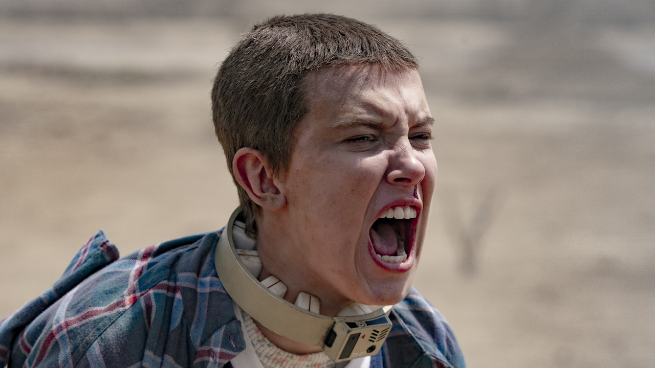 Eleven screaming with a device around her neck in Stranger Things Season 5