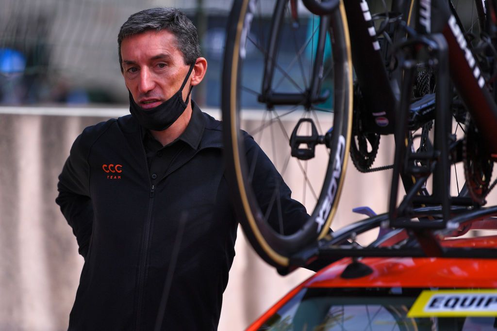 POITIERS FRANCE AUGUST 30 Start Marco Pinotti of Italy Head of Performance CCC Team during the 33rd Tour PoitouCharentes en Nouvelle Aquitaine 2020 Stage 4 a 1646km stage from Thenezay to Poitiers TourPoitouChtes on August 30 2020 in Poitiers France Photo by Luc ClaessenGetty Images