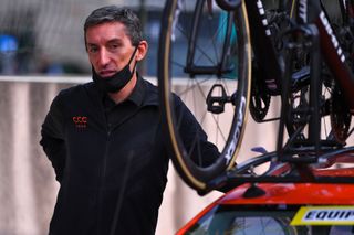 POITIERS FRANCE AUGUST 30 Start Marco Pinotti of Italy Head of Performance CCC Team during the 33rd Tour PoitouCharentes en Nouvelle Aquitaine 2020 Stage 4 a 1646km stage from Thenezay to Poitiers TourPoitouChtes on August 30 2020 in Poitiers France Photo by Luc ClaessenGetty Images