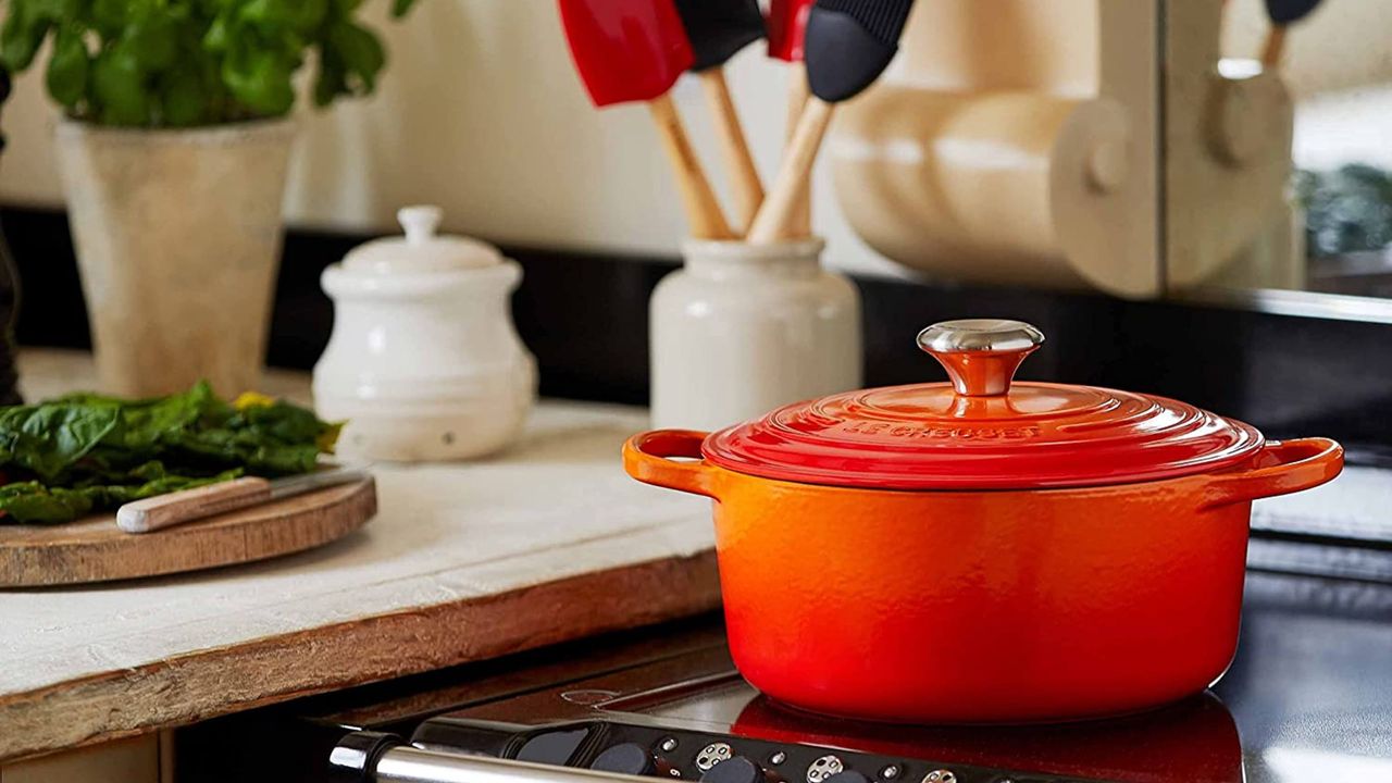 Le Creuset casserole in a white kitchen