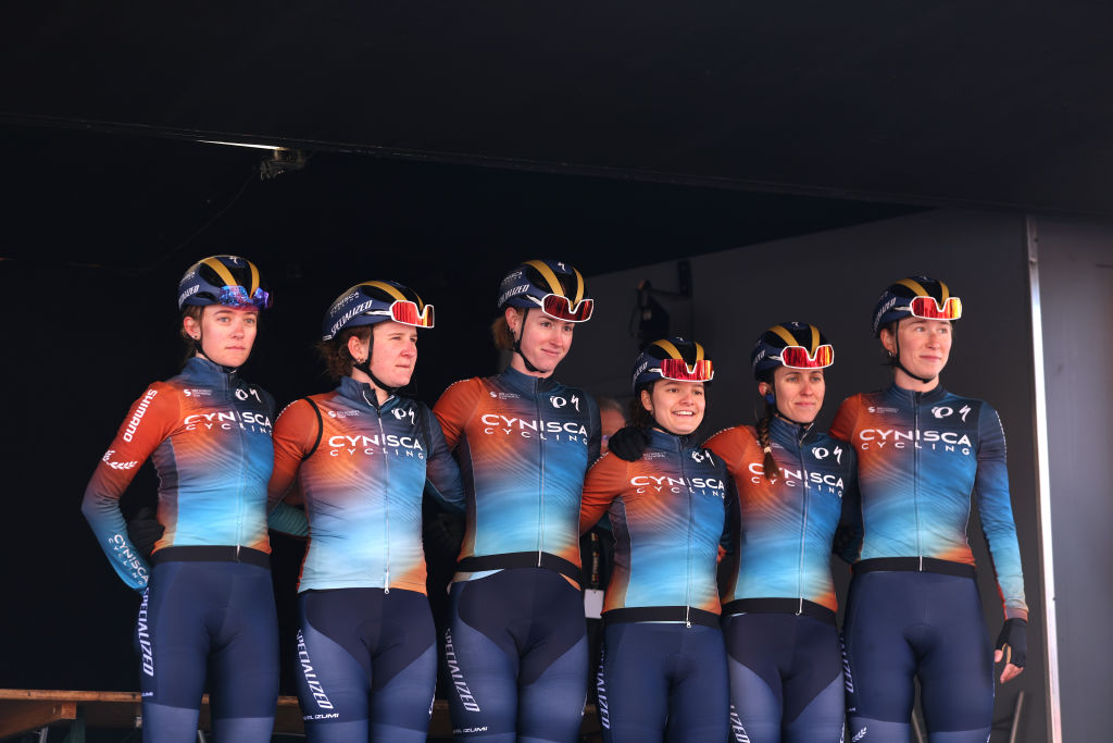 QUAREGNON, BELGIUM - MARCH 04: Tess Edwards of the United States, Alexis Magner of the United States, Febe Poppe of Belgium, Chloe Patrick of the United States, Caoimhe O&#039;Brien of Ireland, Kaitlyn Rauwerda of Canada and Cynisca Cycling prior to the 14th Le Samyn des Dames 2025 a 122km one day race from Quaregnon to Dour on March 04, 2025 in Quaregnon, Belgium. (Photo by Rhode Van Elsen/Getty Images)