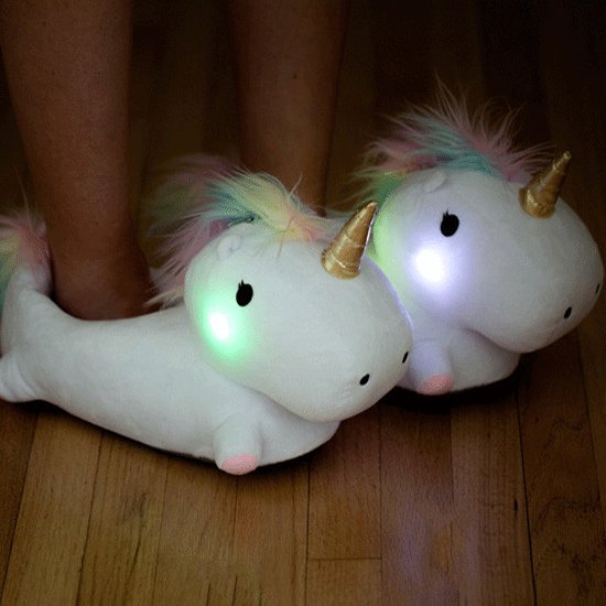 unicorn slipper with wooden flooring