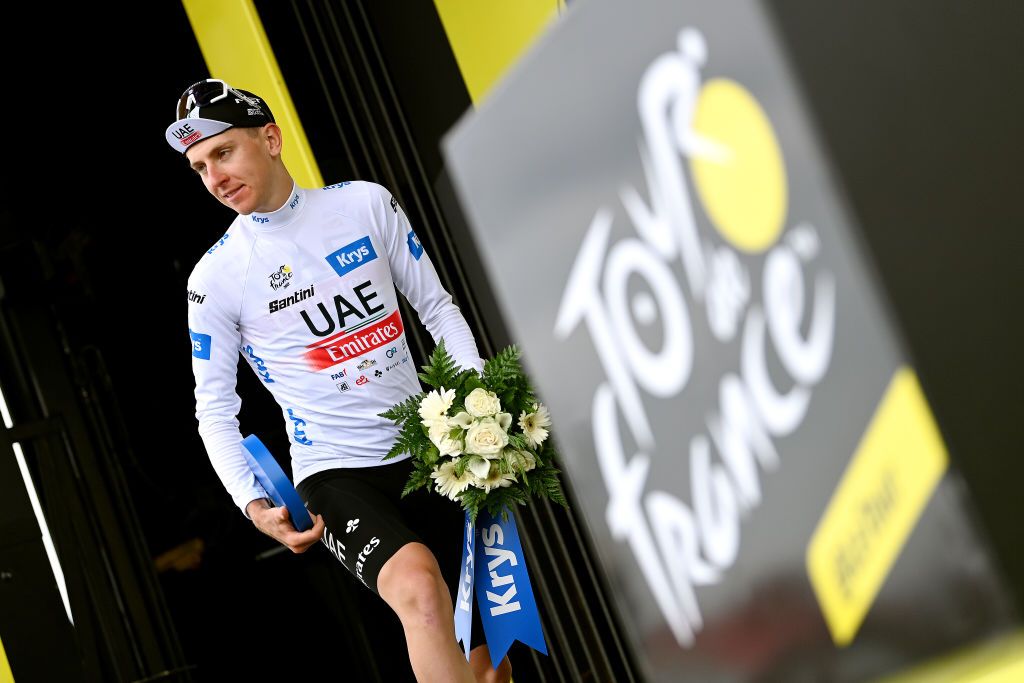 NOGARO FRANCE JULY 04 Tadej Pogacar of Slovenia and UAE Team Emirates White Best Young Rider Jersey celebrates at podium during the stage four of the 110th Tour de France 2023 a 1818km stage from Dax to Nogaro UCIWT on July 04 2023 in Nogaro France Photo by Tim de WaeleGetty Images