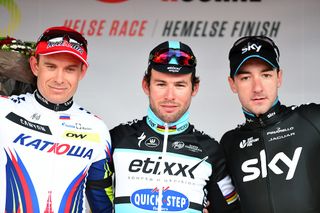 Kristtoff, Cavendish and Viviani on the Kuurne podium.