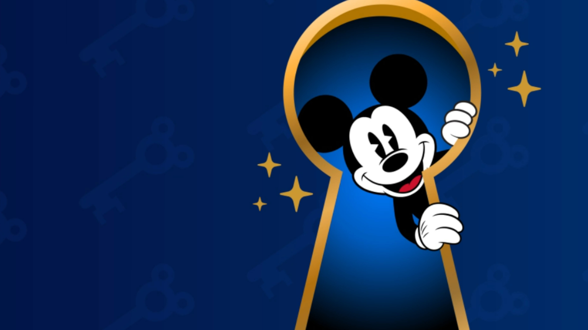 Mickey Mouse smiles while looking out of a golden keyhole, all against a blue background