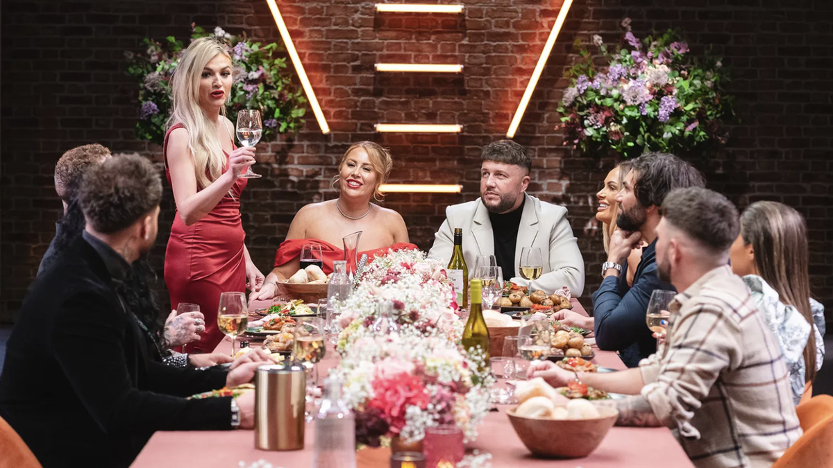 Sacha Jones raises a toast at the 2024 MAFS UK reunion dinner party