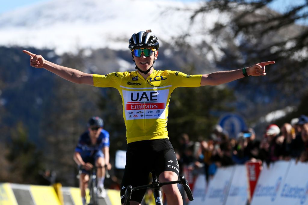 COL DE LA COUILLOLE FRANCE MARCH 11 Tadej Pogacar of Slovenia and UAE Team Emirates Yellow Leader Jersey celebrates at finish line as stage winner during the 81st Paris Nice 2023 Stage 7 a 1429km stage from Nice to La Col de la Couillole 1676m UCIWT ParisNice on March 11 2023 in La Col de la Couillole France Photo by Alex BroadwayGetty Images