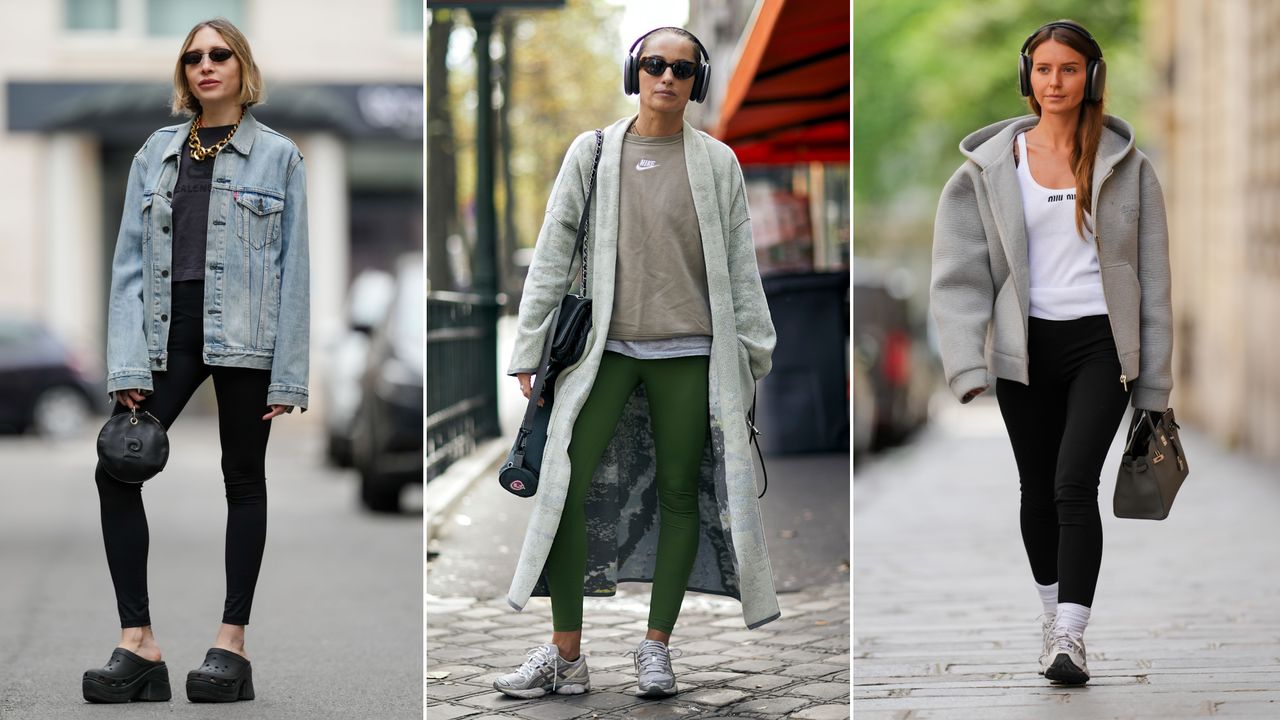 Split image of street style models wearing leggings with jackets, tennis shoes, sunglasses, headphones, purses, and sweatshirts