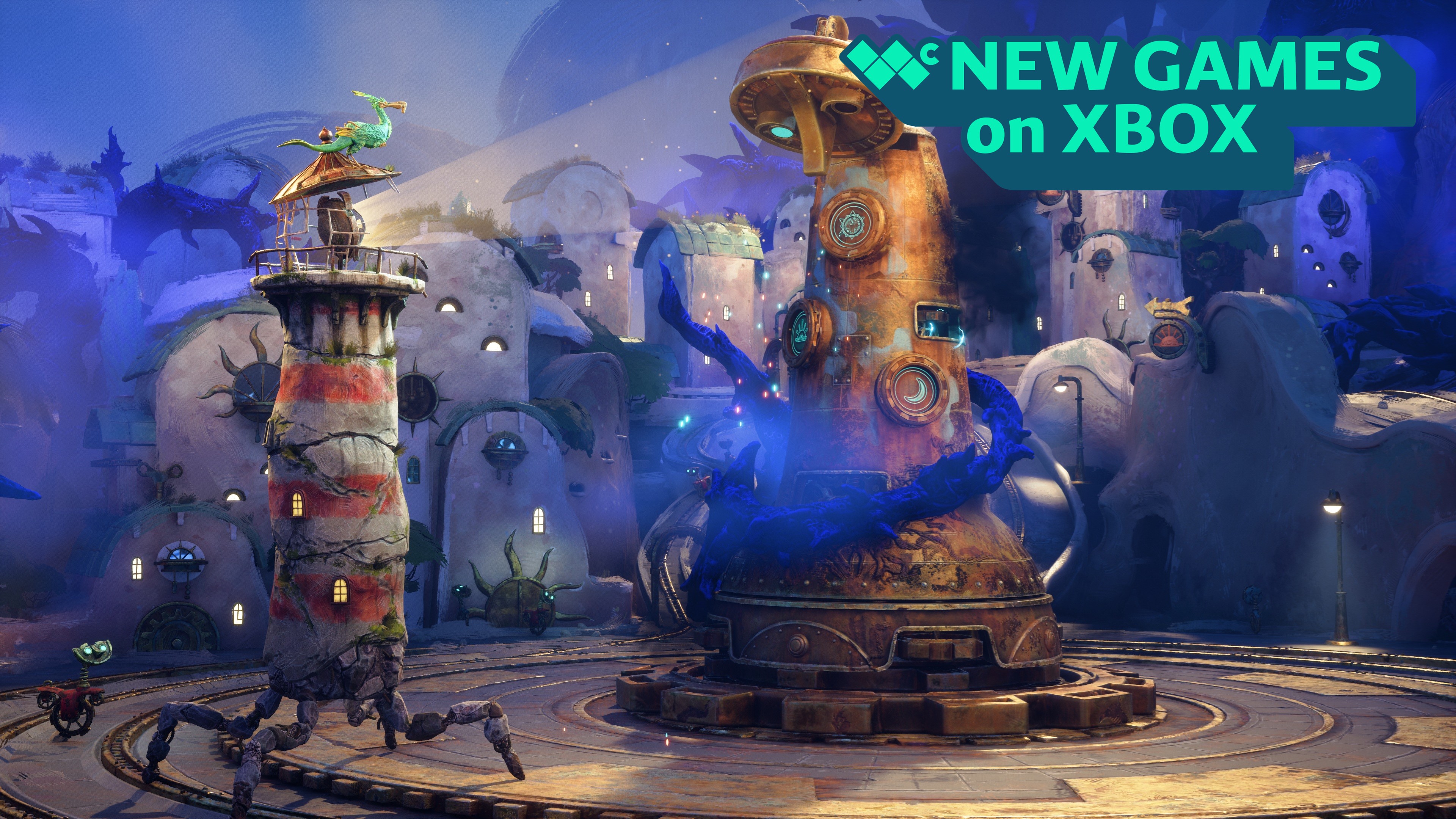 An image of Keeper showing a lighthouse shining a light toward words that say "New games on Xbox"