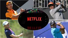 A compilation featuring Lando Norris (top left), Justin Thomas (bottom left), Rickie Fowler (top right) and Carlos Sainz (bottom right). All four are playing golf in their respective images.