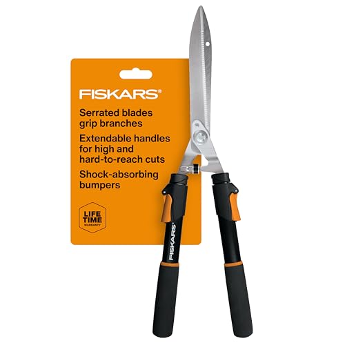 Fiskars Power-Lever Extendable Hedge Shears, Self-Sharpening Serrated Steel Blades for Clean Cuts, Handles Adjust 25"-33" for High Reach, Multiplies Leverage for 2x Power, 10" Blades, Orange/black