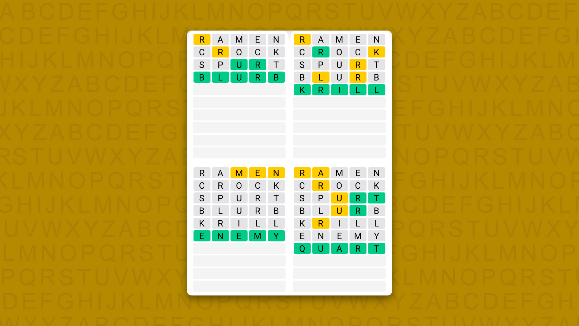 Quordle Daily Sequence answers for game 1704 on a yellow background