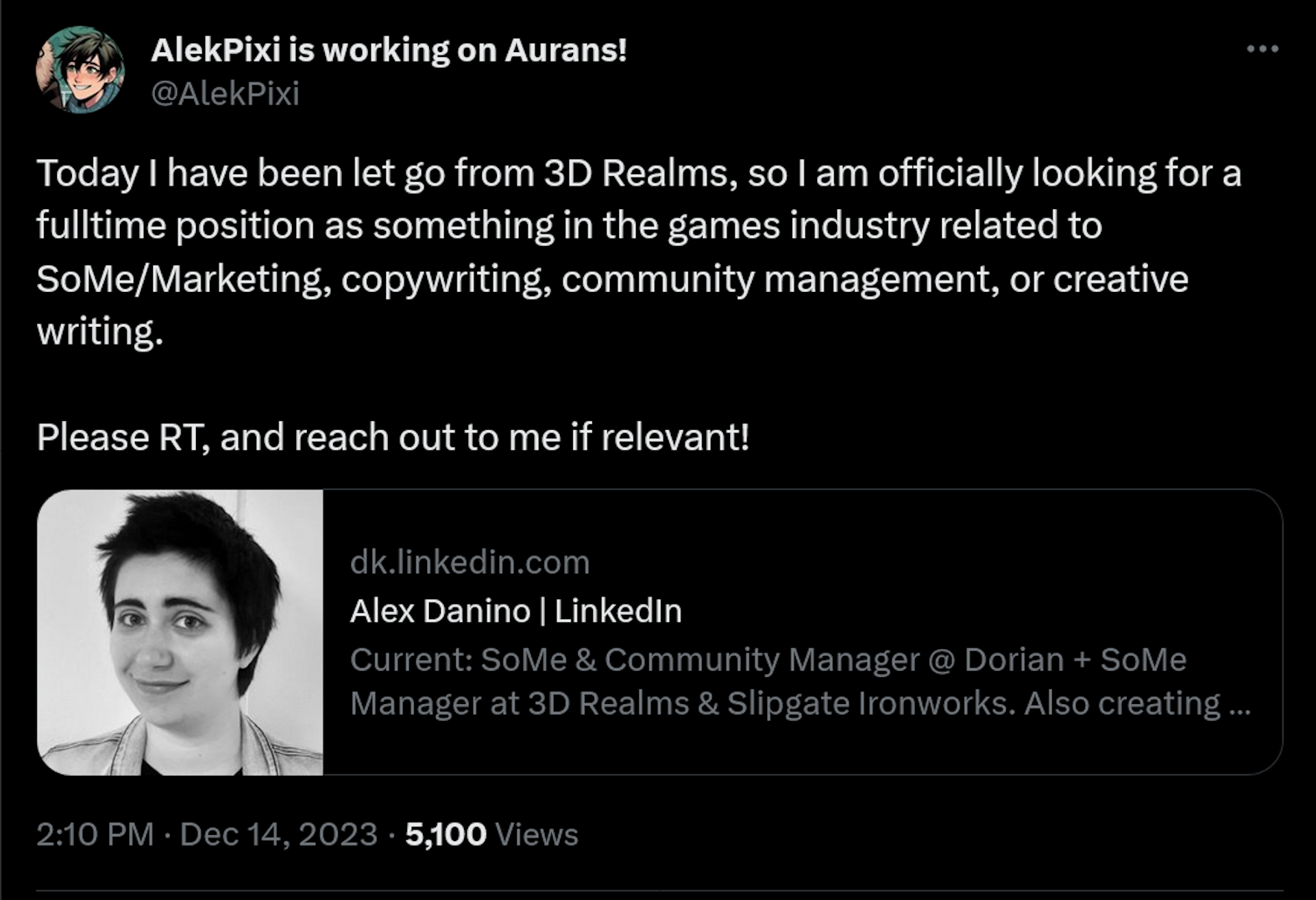Hoy me han despedido de 3D Realms, por lo que estoy buscando oficialmente un puesto de tiempo completo en algo en la industria de los juegos relacionado con SoMe/Marketing, redacción publicitaria, gestión comunitaria o escritura creativa.  ¡Por favor RT y comuníquese conmigo si es relevante!