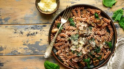 Plate of whole grain pasta, healthy carbs to eat