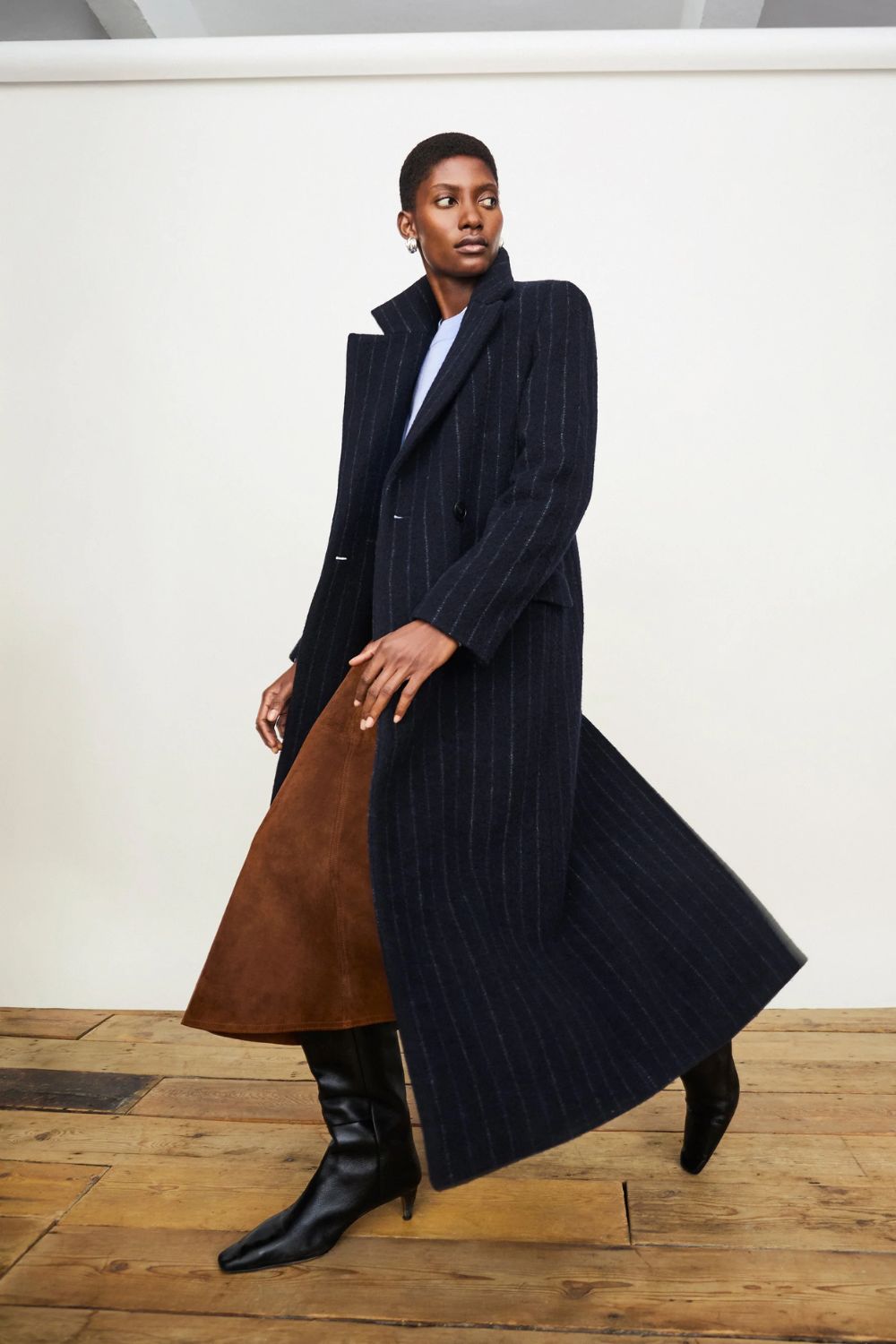 Chalk Stripe Maxi City Coat | Navy