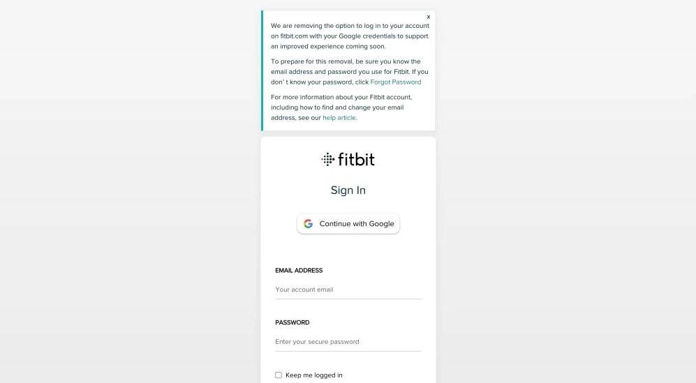 La página de inicio de sesión de Fitbit notifica a los usuarios sobre una transición de cuenta única inminente.