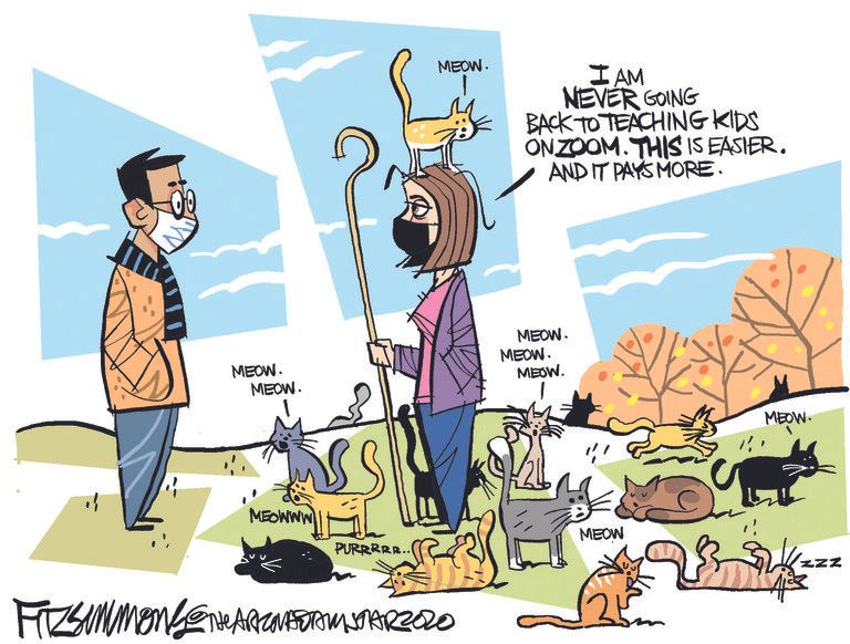 Editorial Cartoon U.S. remote learning teacher herding cats