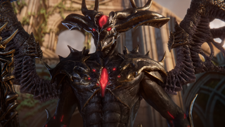A wide-horned demon from Ashes of Creation stands intimidatingly during the collapsing MMO's trailer.