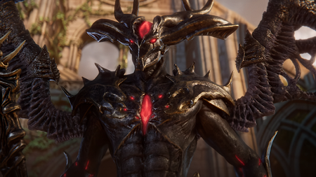 A wide-horned demon from Ashes of Creation stands intimidatingly during the collapsing MMO's trailer.
