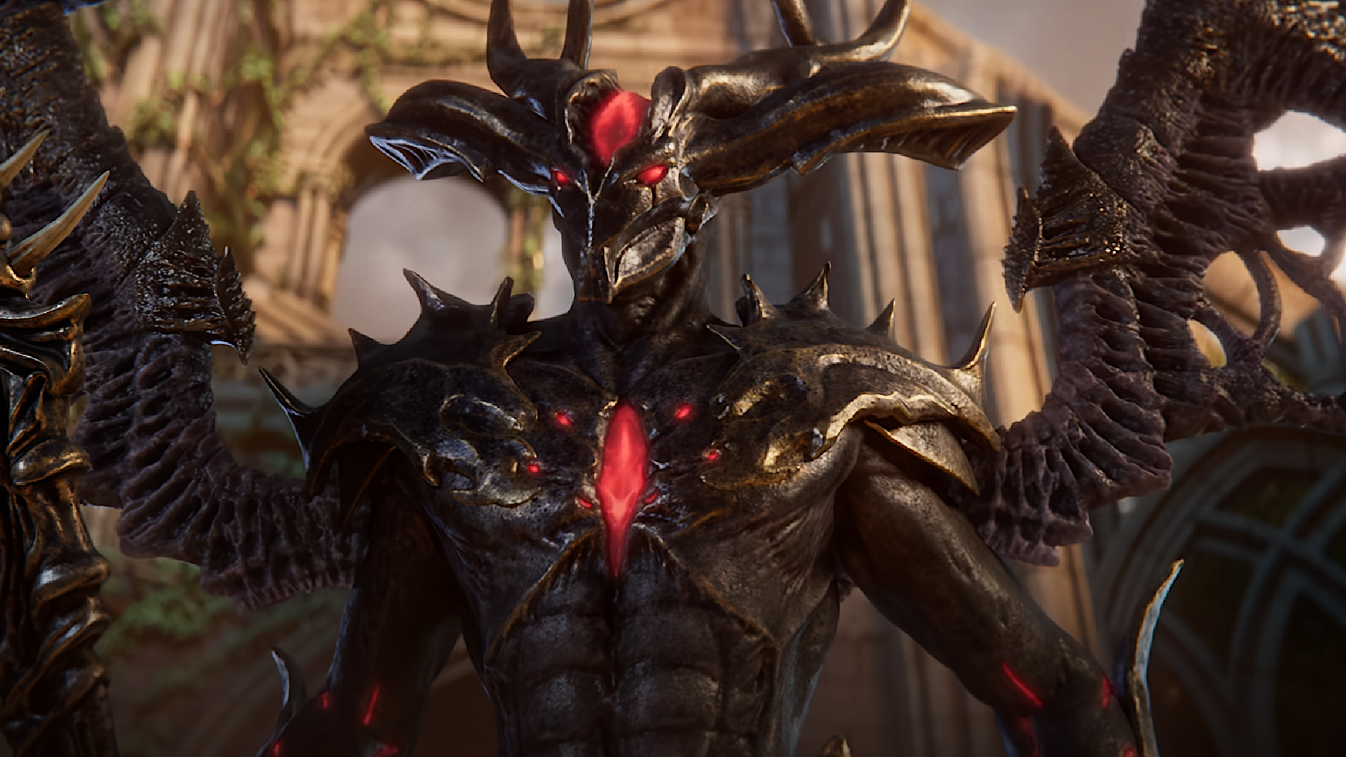 A wide-horned demon from Ashes of Creation stands intimidatingly during the collapsing MMO's trailer.