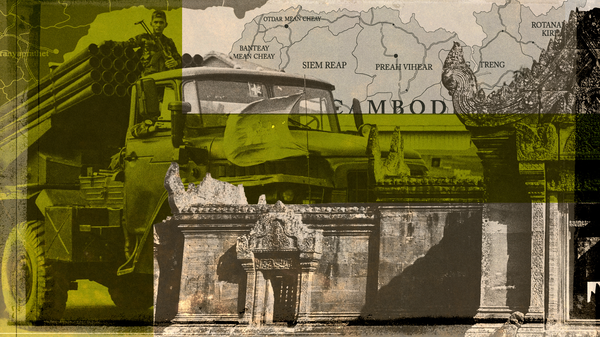 Photo composite illustration of Preah Vihear temple, Cambodian military and regional maps
