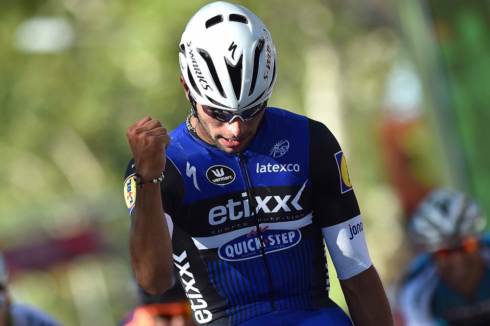 Fernando Gaviria celebrates winning stage 2 at the Tour de San Luis.