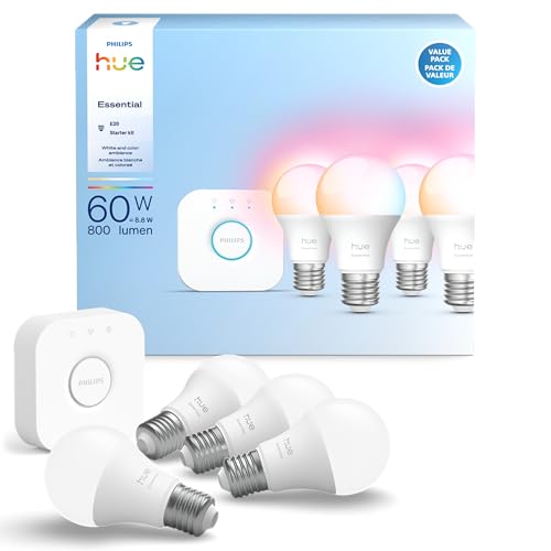 Philips Hue Essential Starter Kit: Bridge + 4 Essential E26 Smart Bulbs,white & Color Ambiance,2200k-6500k,dimmable,compatible With Alexa,google,samsung Smartthings,apple Home