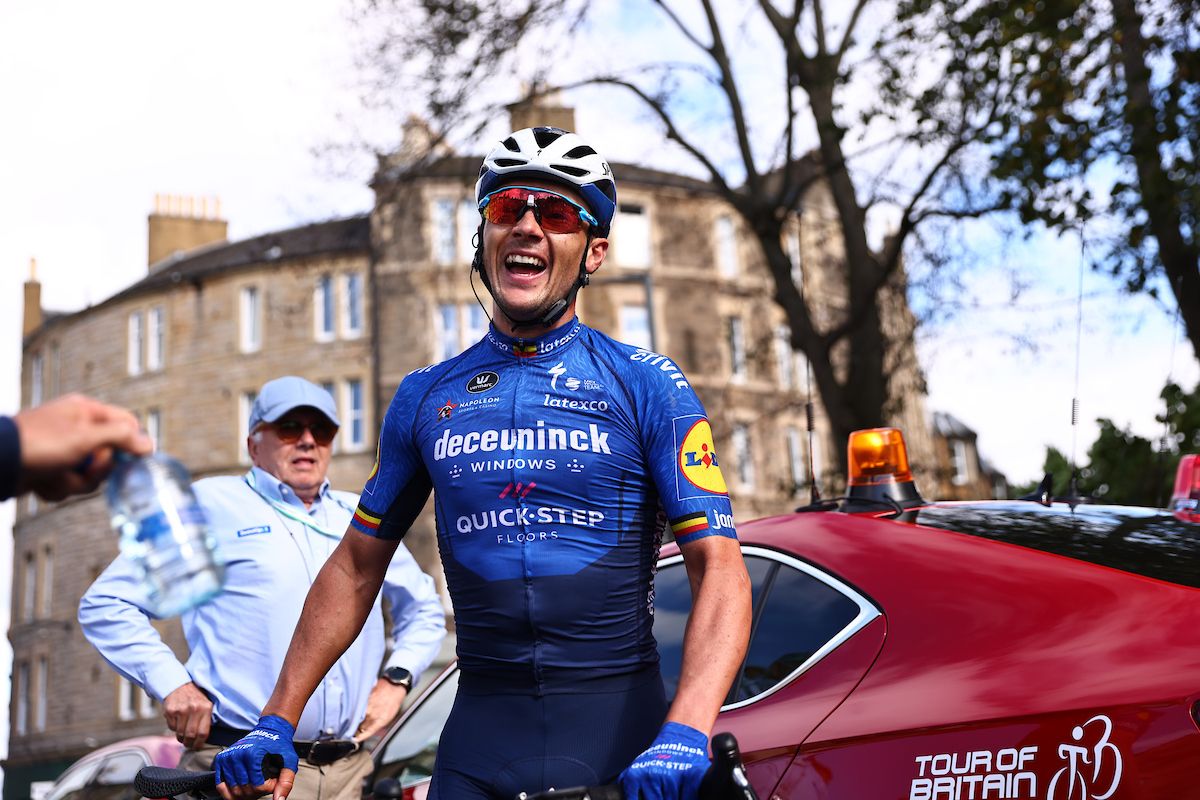 Picture by SWpixcom 11092021 Cycling AJ Bell Tour of Britain Stage 7 Hawick to Edinburgh Scotland Yves Lampaert celebrates stage 7 victory