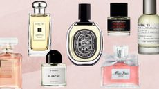 A selection of the best perfumes for women named in this guide, including Chanel Mademoiselle, Jo Malone's Lime Basil & Mandarin, Byredo Blanche, Diptyque Orphéon, Dior Miss Dior, Frederic Malle Portrait of A Lady and Le Labo Santal 33/ all pictured on a pink watercolour paint-style template