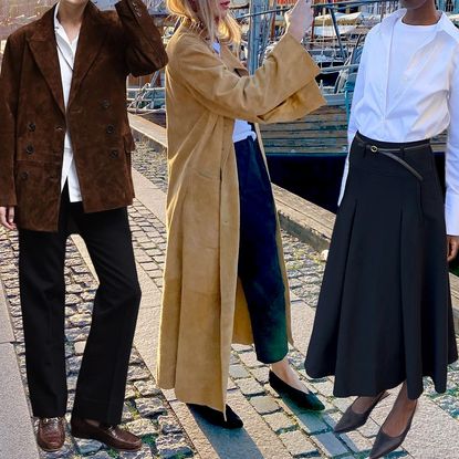 fashion collage featuring three style influencers wearing chic shoe styles like brown chain loafers, black V-cut flats, and black slingback heels