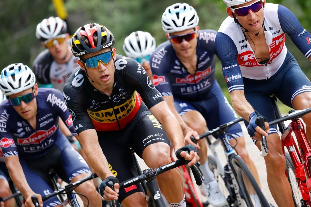 Team Jumbo Vismas Wout van Aert of Belgium 2ndL rides in the breakaway during the 11th stage of the 108th edition of the Tour de France cycling race 198 km between Sorgues and Malaucene on July 07 2021 Photo by Thomas SAMSON AFP Photo by THOMAS SAMSONAFP via Getty Images