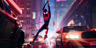 Spider-Man: Into The Spider-Verse Miles swingings through traffic in New York