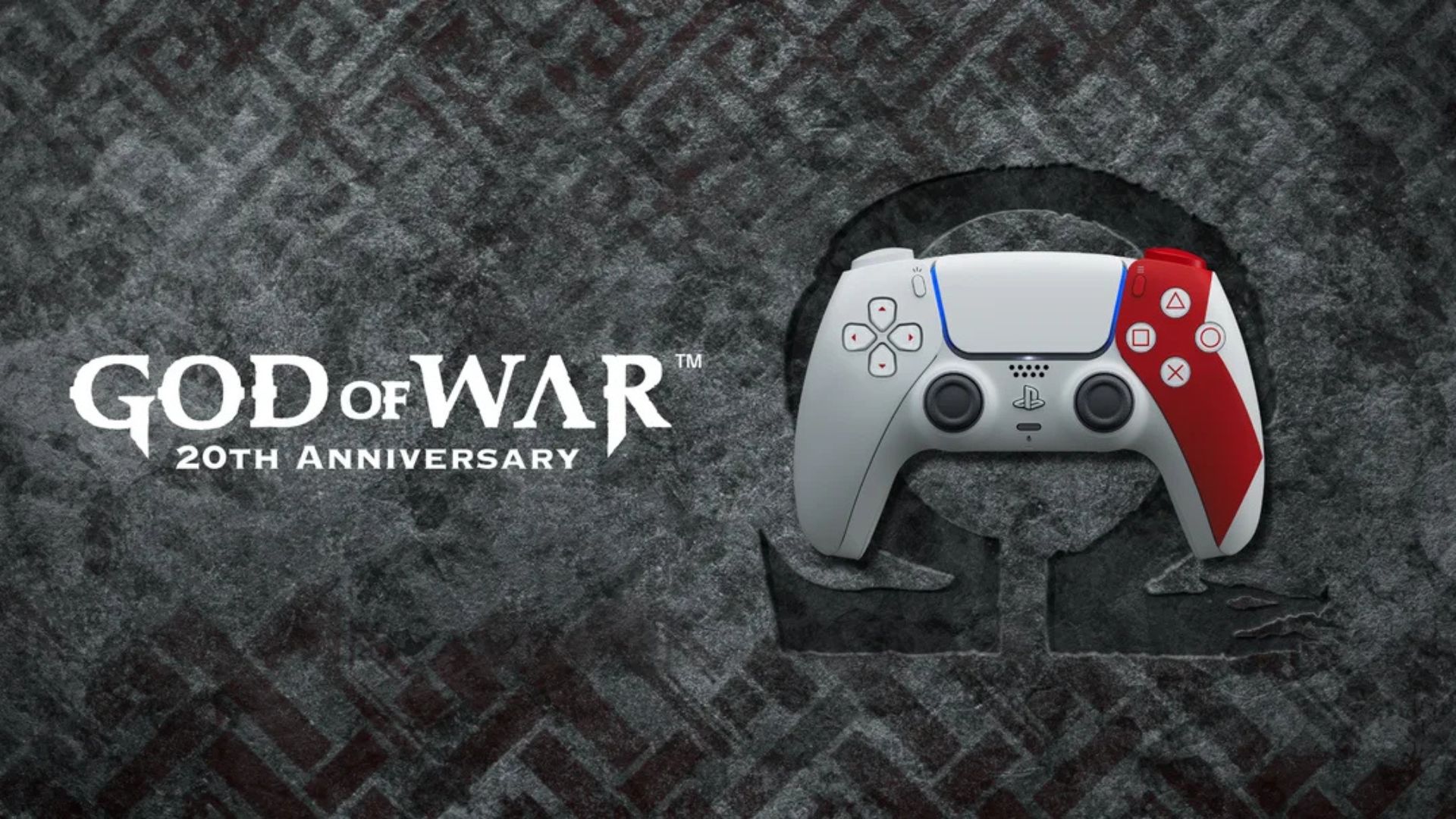 A Sony marketing image showing the 20th Anniversary Limited Edition God of War DualSense controller