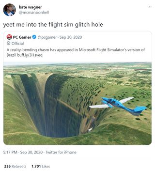 PC Gamer: A reality-bending chasm has appeared in Microsoft Flight Simulator's version of Brazil. Kate Wagner: yeet me into the flight sim glitch hole