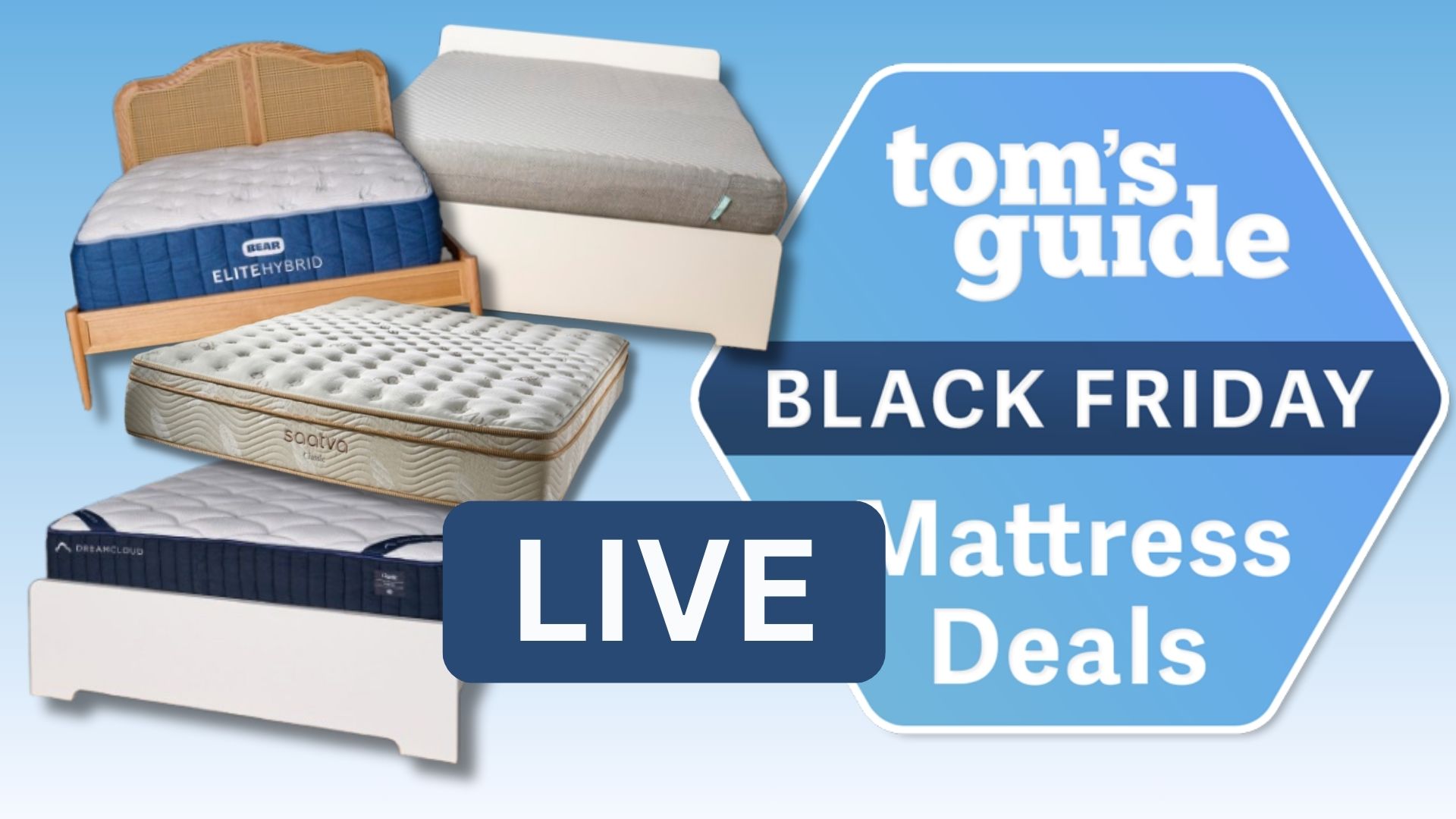 Black Friday live hub deals badge on a blue gradient background with four mattress cutouts in foreground.