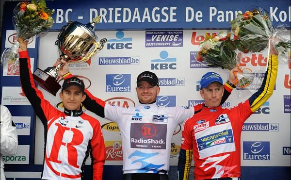 Final podium at De Panne (l-r): Michal Kwiatkowski , 3rd; S&eacute;bastien Rosseler, 1st; Lieuwe Westra, 2nd.