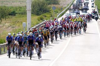 Cyclists ride in a pack in Tauste during the stage 12 of the 2023 La Vuelta cycling tour of Spain a 1506 km race between Olvega and Zaragoza on September 7 2023 Photo by CESAR MANSO AFP Photo by CESAR MANSOAFP via Getty Images