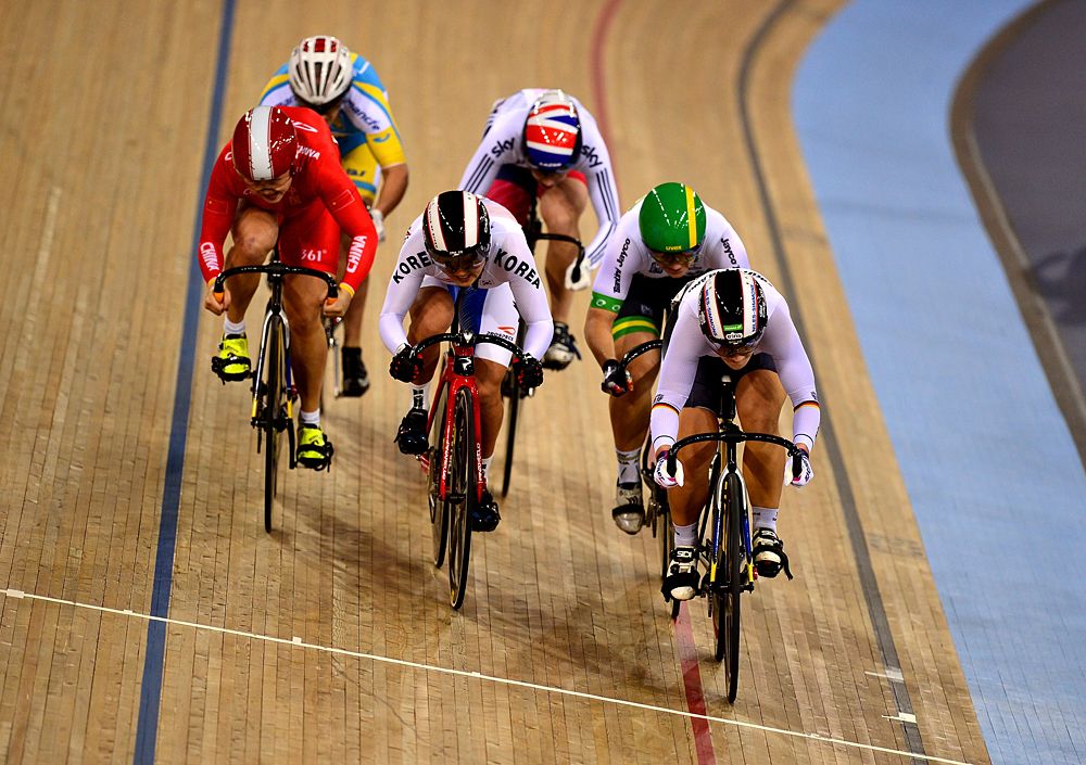 Kristina Vogel (Germany) leads the Keirin sprint