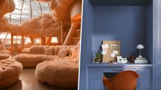 Peach whimsical interior with cloud-like sofa and blue walls in home office